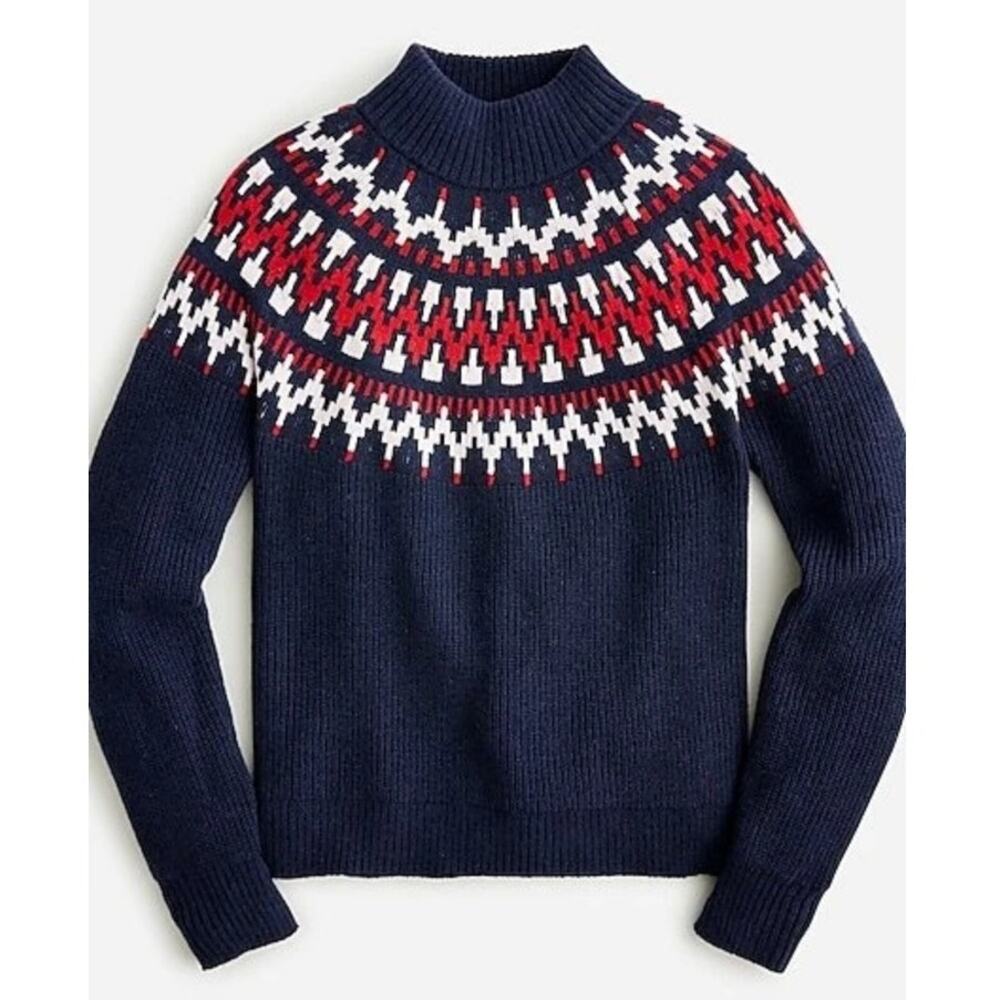 J.Crew Womens Small Fair Isle Nordic Wool Blend Ski Sweater Navy Cozy Pullover
